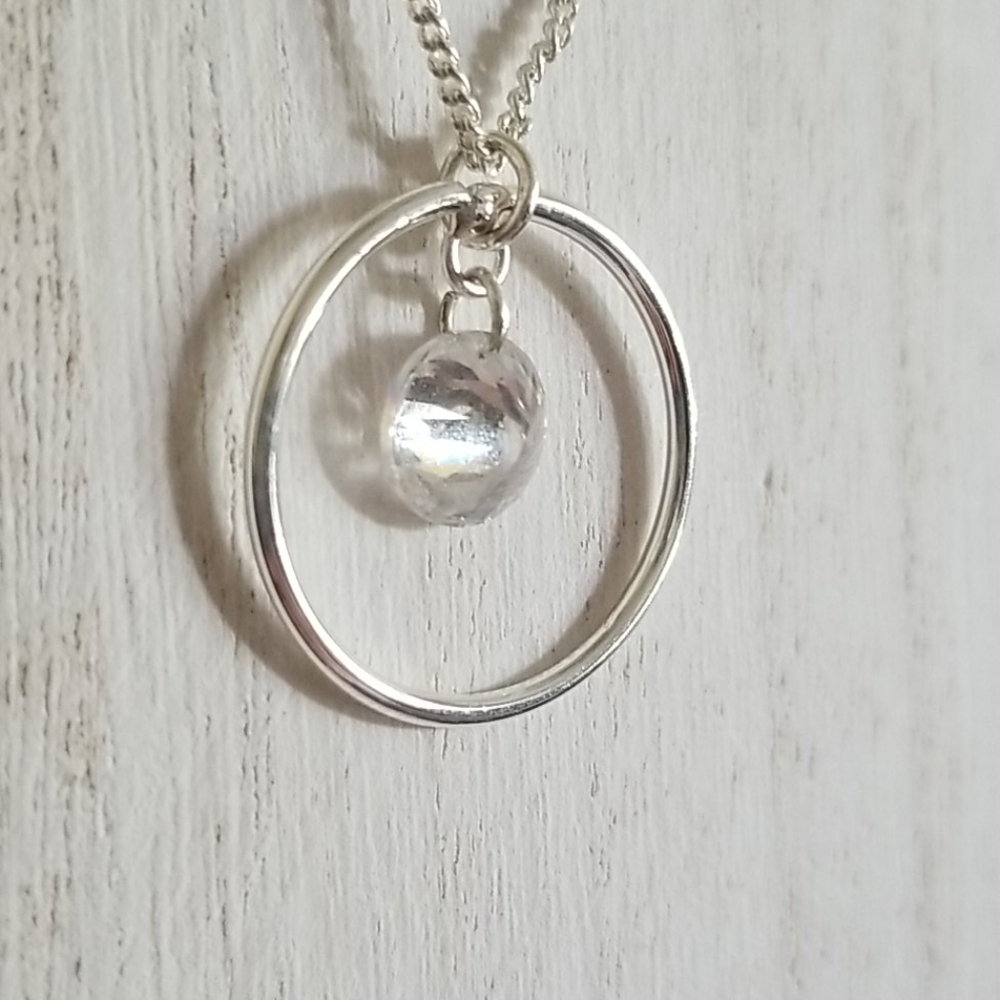 Silver Circle Dangle Crystal Pendant Necklace - Picture 5 of 6